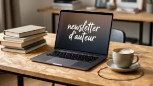 bureau moderne avec ordinateur et livres pour newsletter d'auteur