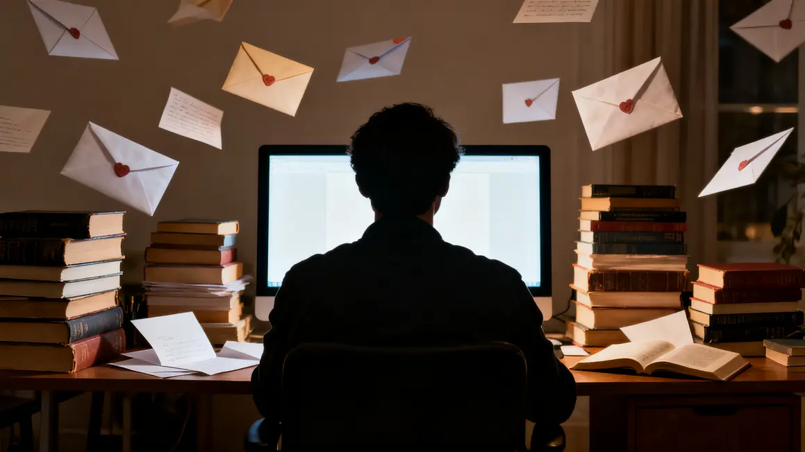 auteur silhouette devant ordinateur et lettres