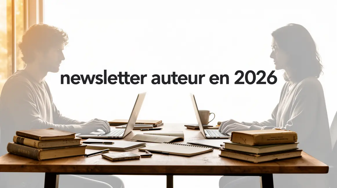 bureau moderne avec ordinateur livres et texte newsletter auteur en 2026