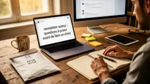bureau d'auteur moderne avec enveloppe email et newsletter auteur questions