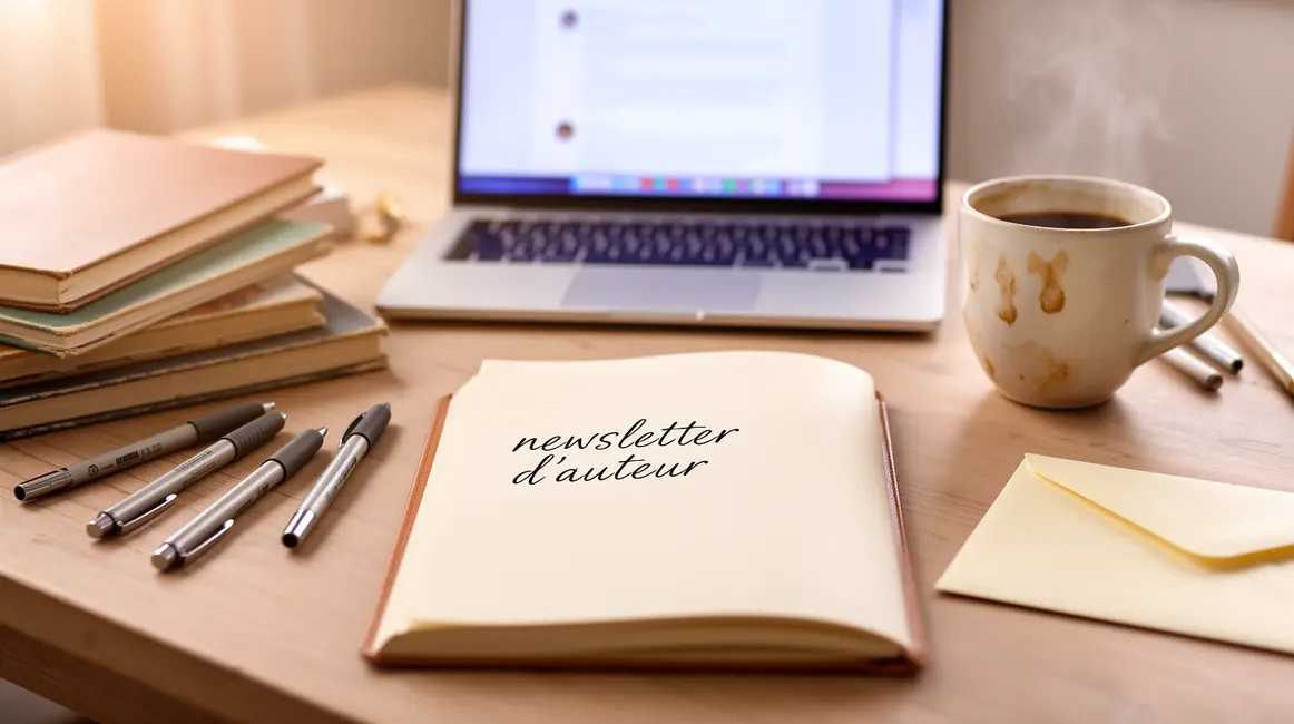 table d’auteur cosy avec laptop et manuscrit newsletter