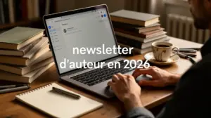 bureau auteur newsletter 2026 laptop livres cafe