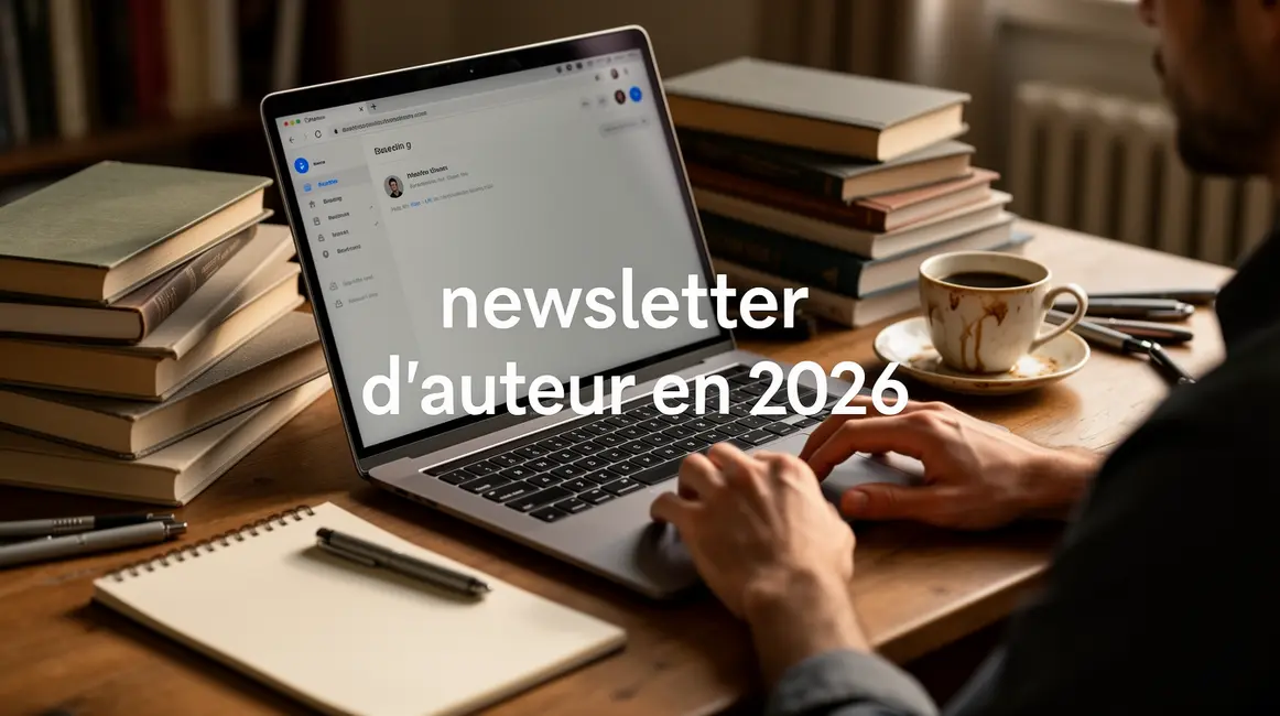 bureau auteur newsletter 2026 laptop livres cafe