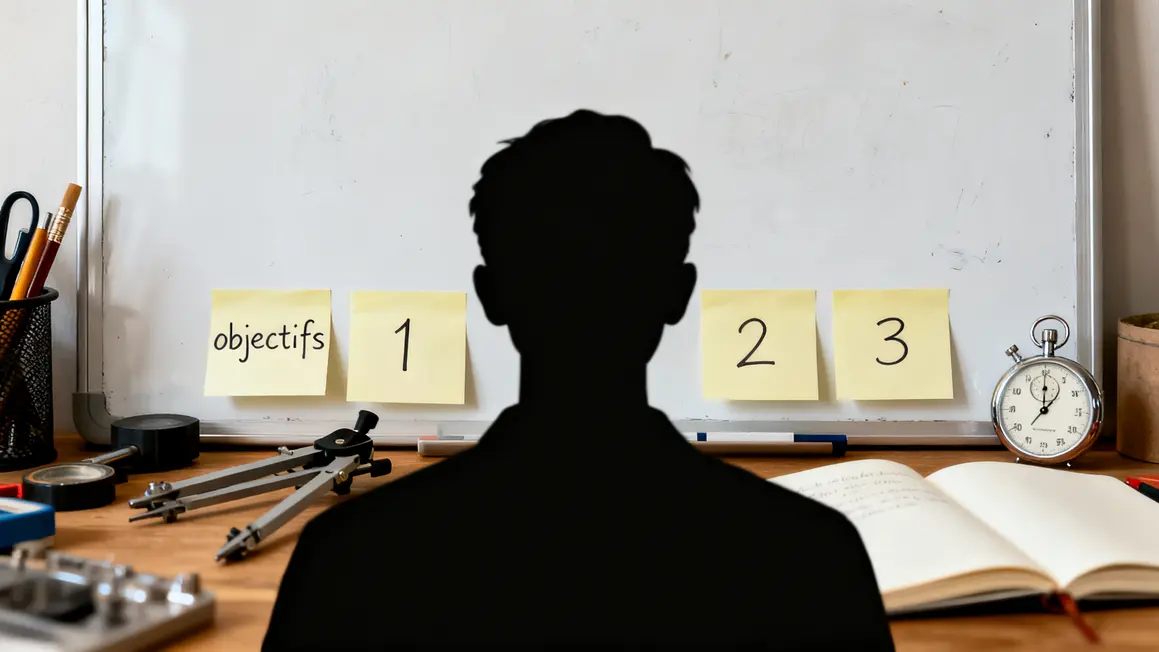 Silhouette, tableau blanc, instruments, objectifs, check-list