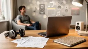 Bureau moderne avec objets musicaux et guide optimisation