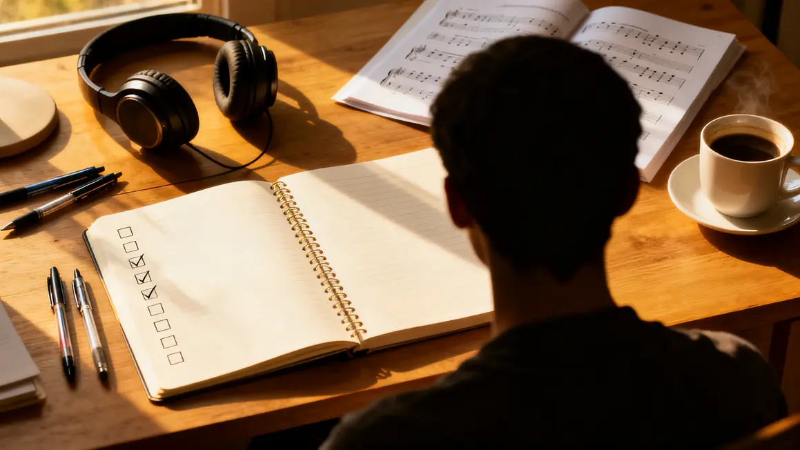 carnet ouvert et casque pour objectifs musicaux