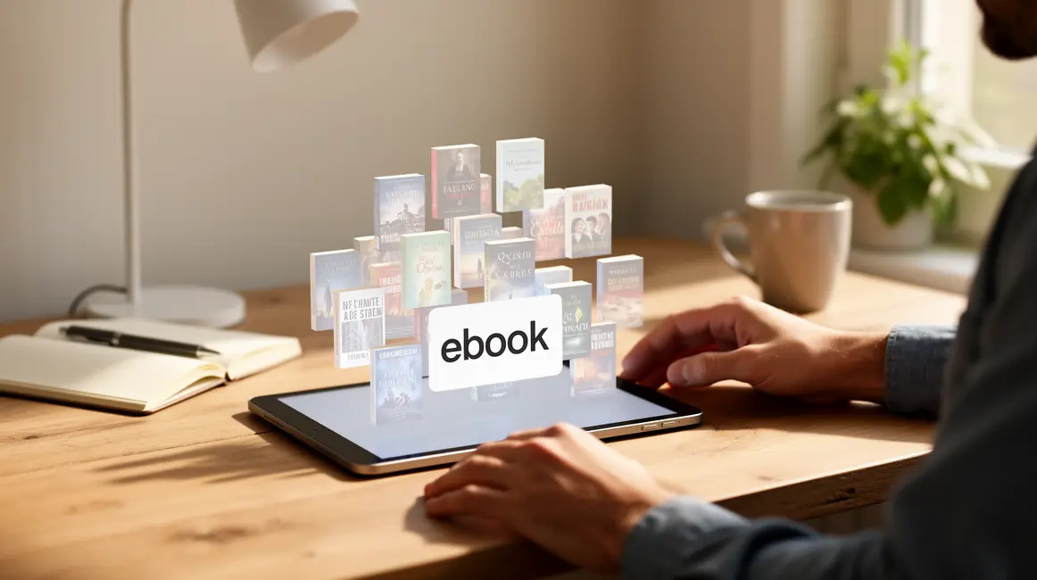 Pile ebooks sur tablette, bureau auteur professionnel