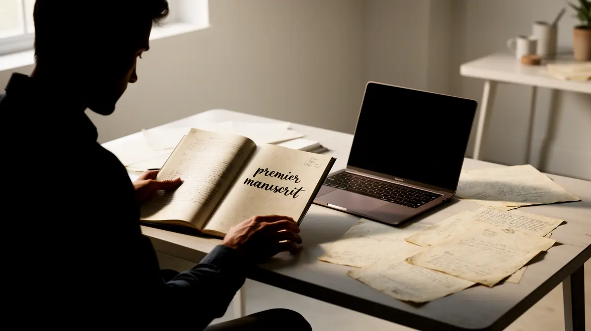 auteur assis bureau manuscrit premier