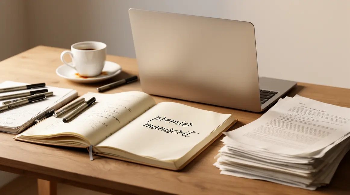 bureau avec manuscrits et ordinateur pour premier manuscrit