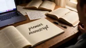 bureau avec manuscrit stylo ordinateur premier manuscrit