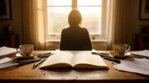 Image d'un bureau d'ecrivain avec carnet ouvert et cafe
