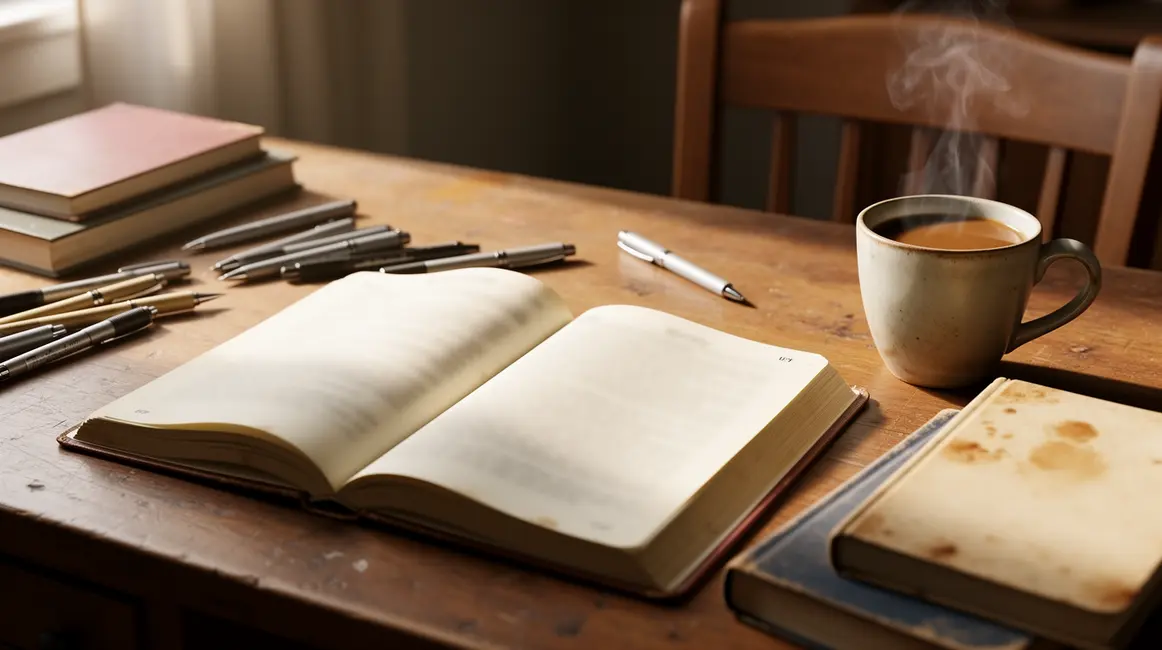 manuscrit ouvert bureau café stylos ambiance studieuse