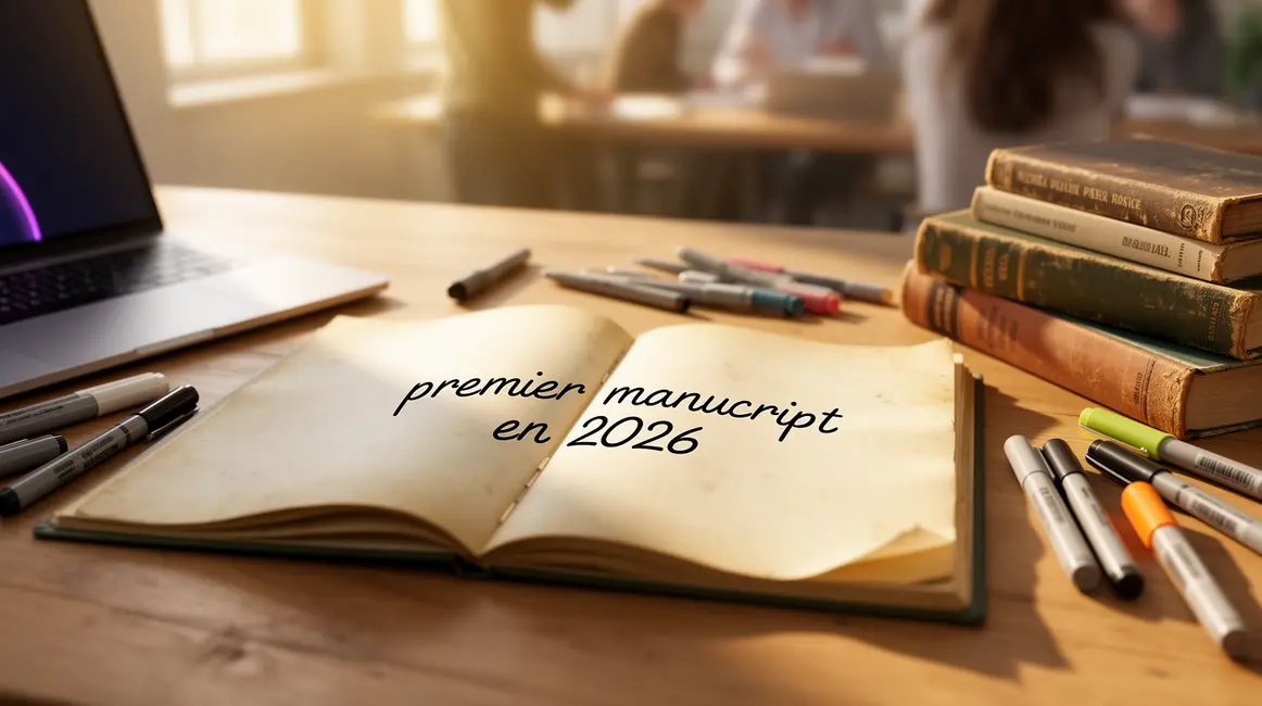 Scène carnet ouvert manuscrit 2026 ordinateur livres