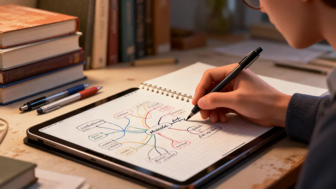 Main écrivant sur carnet mind map prise de notes efficace