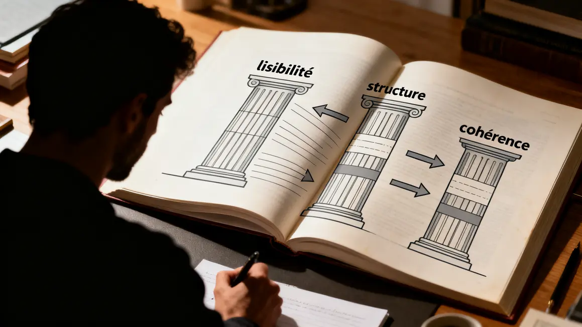 Silhouette ecrivain devant livre avec piliers lisibilite structure coherence