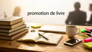 Table de travail promotion de livre papeterie ambiance studieuse