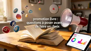 Livre ouvert et icones promotion, guide questions avant choisir promotion livre