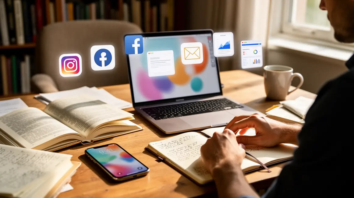 bureau d'auteur avec réseaux sociaux promotion livre