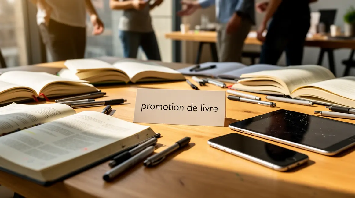 Table bois avec livres, promotion de livre, ambiance dynamique
