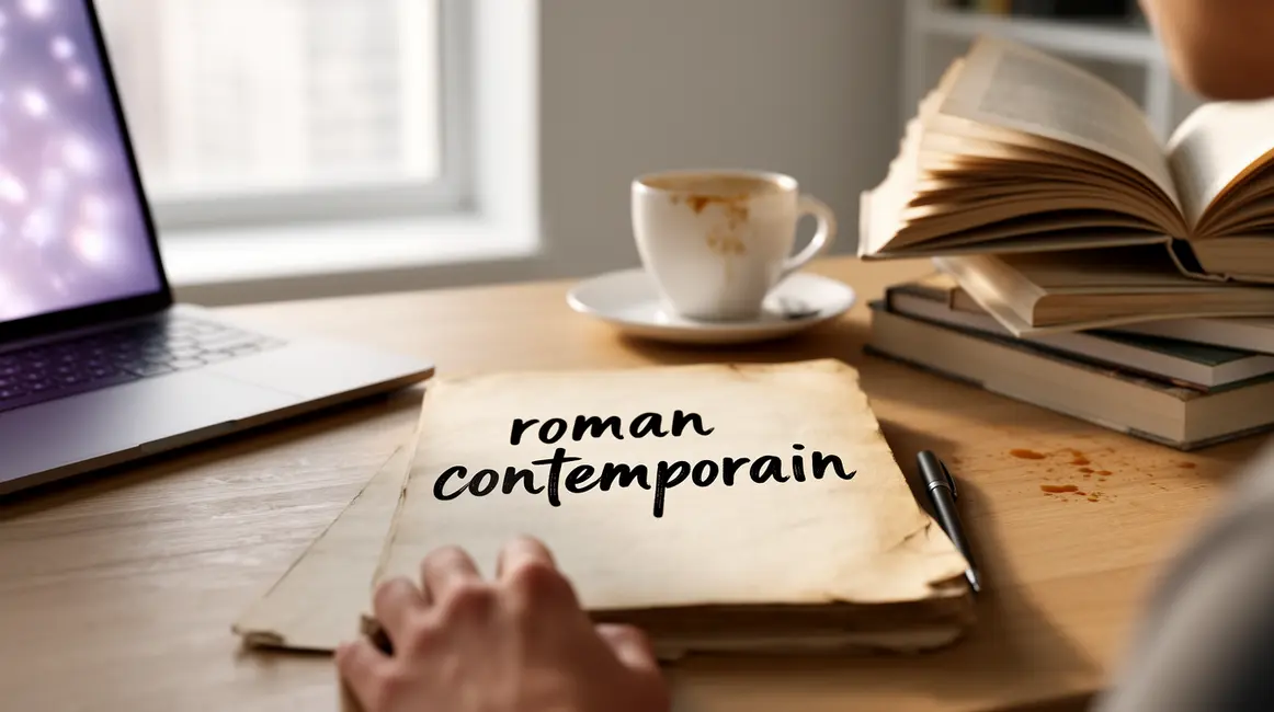 bureau moderne avec ordinateur carnet livres cafe roman contemporain