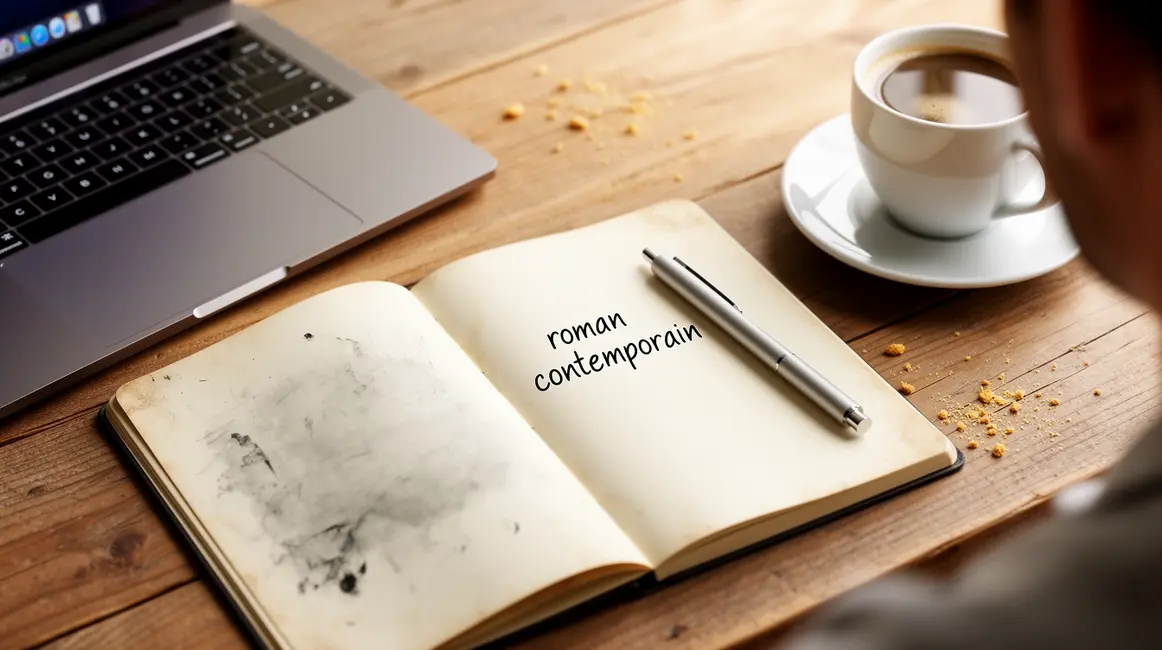 Carnet roman contemporain, stylo, café, ordinateur