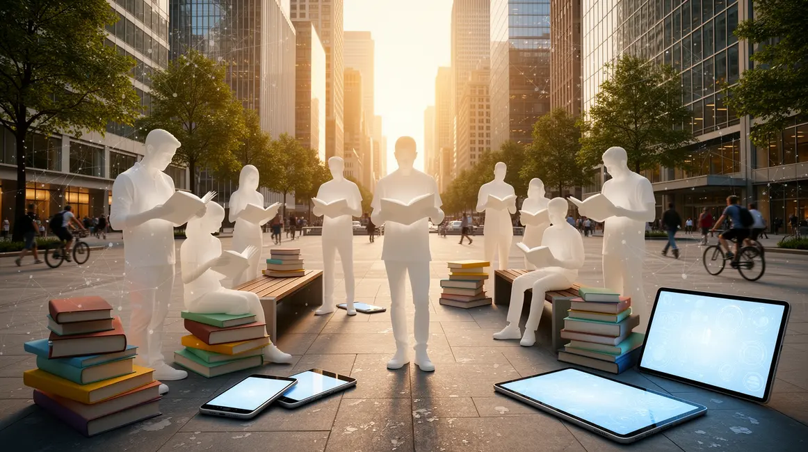 Silhouettes de lecteurs dans une ville moderne roman contemporain
