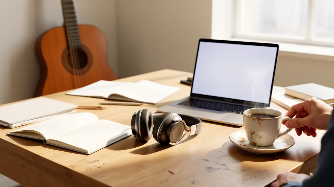 Routine musicale bureau carnet casque guitare