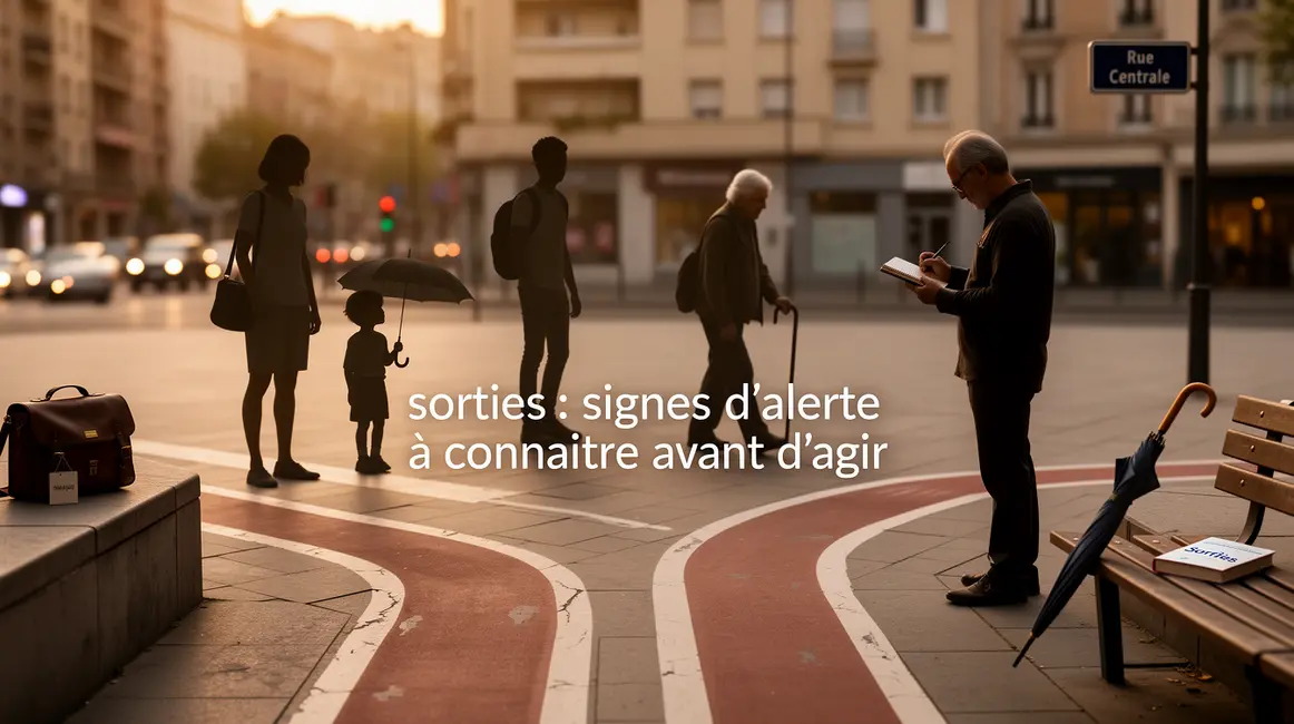 Scène urbaine avec personnes et objets du quotidien illustrant les signes d'alerte avant une sortie