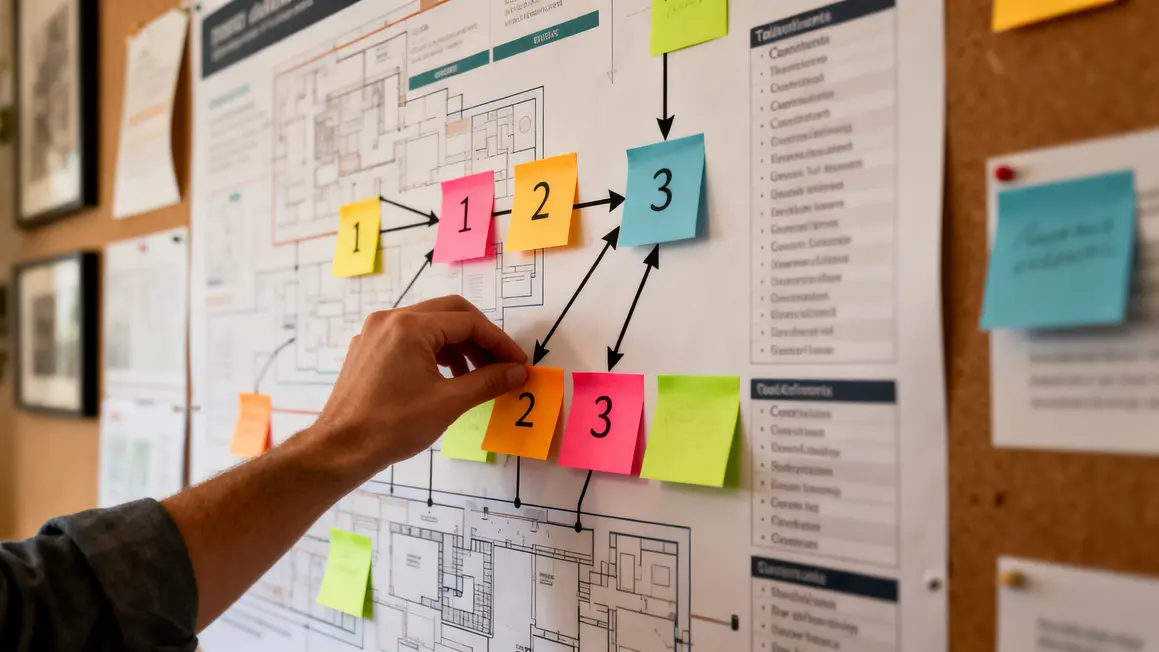 Tableau avec plan manuscrit, post it et table des matieres
