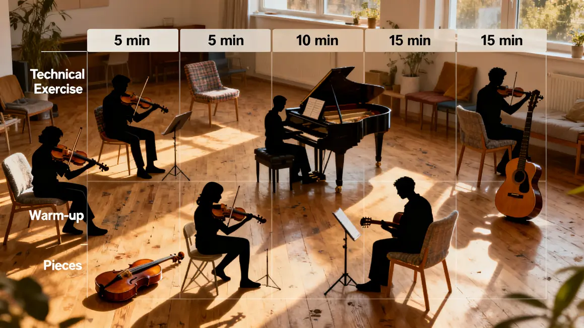 Planning blocs temps échauffement exercices morceaux musique