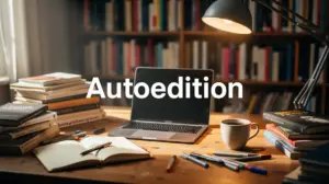 Espace de travail autoédition avec ordinateur et livres