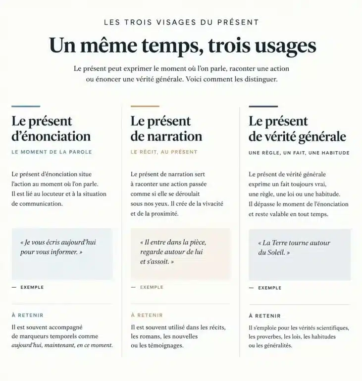 Tableau comparatif des différents usages du présent de narration et d'énonciation en grammaire française