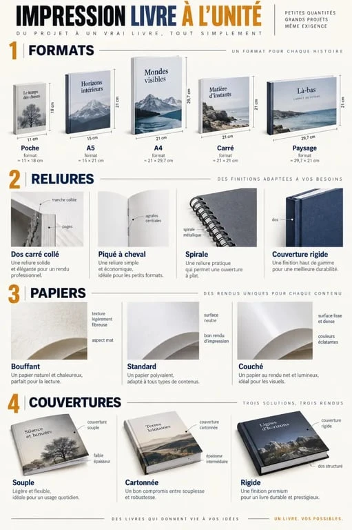 Infographie des formats, papiers et reliures pour une impression livre à l’unité