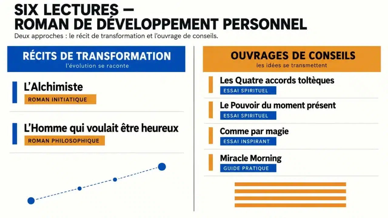 Infographie des six lectures recommandées dans un article sur le roman de développement personnel