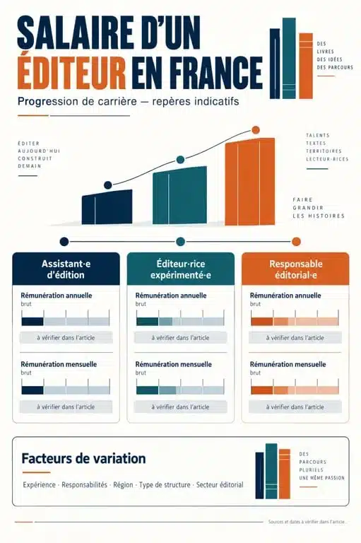 Infographie sur le editeur salaire en France selon l’expérience et les responsabilités