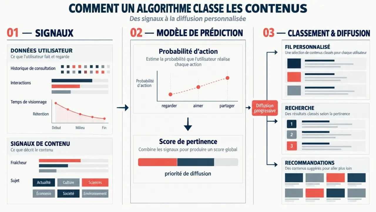 Schéma du fonctionnement d’un algorithme réseaux sociaux, des signaux utilisateur au classement des contenus