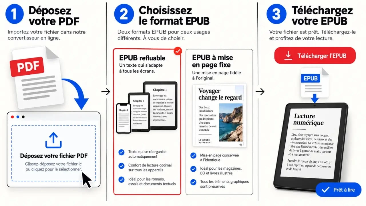 Étapes pour convertir un PDF en ebook EPUB avec choix du format refluable ou fixe