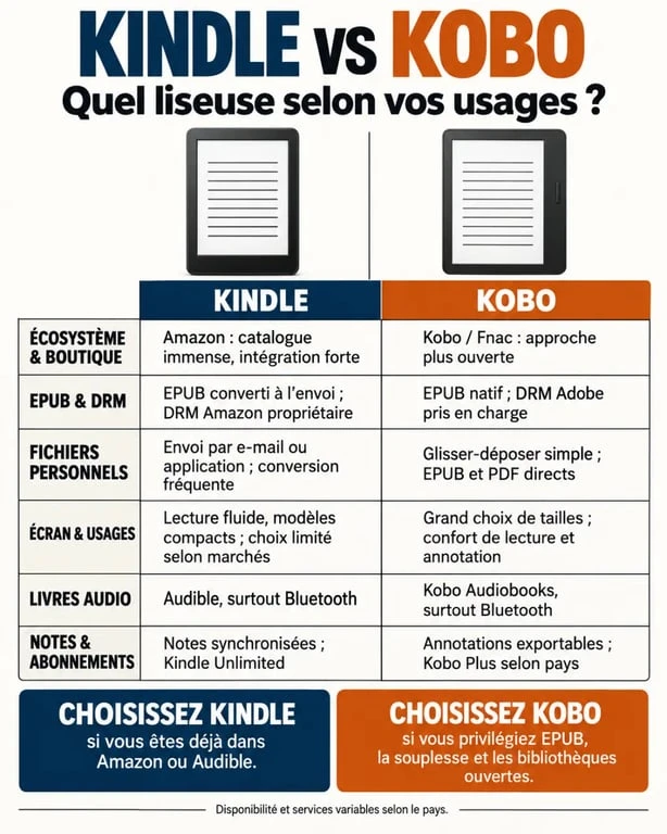 Infographie comparative Amazon Kindle vs Kobo sur les formats, les DRM, les écrans et les abonnements