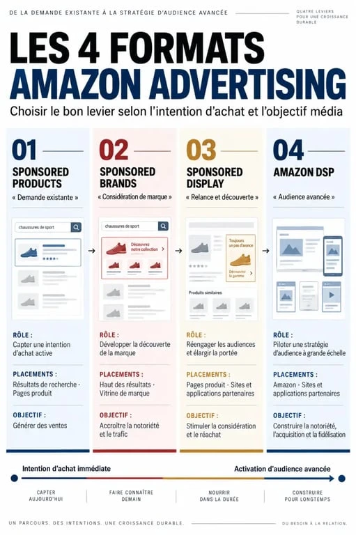 Infographie Amazon Advertising comparant les formats Sponsored Products, Sponsored Brands, Sponsored Display et Amazon DSP