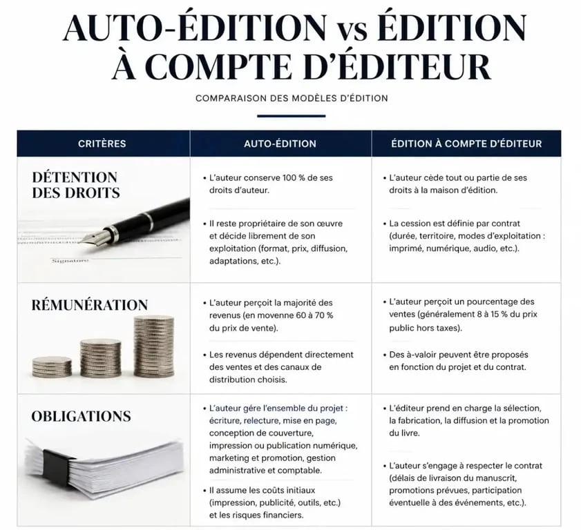 Comparatif auto-édition et édition à compte d'éditeur pour les droits d'auteur