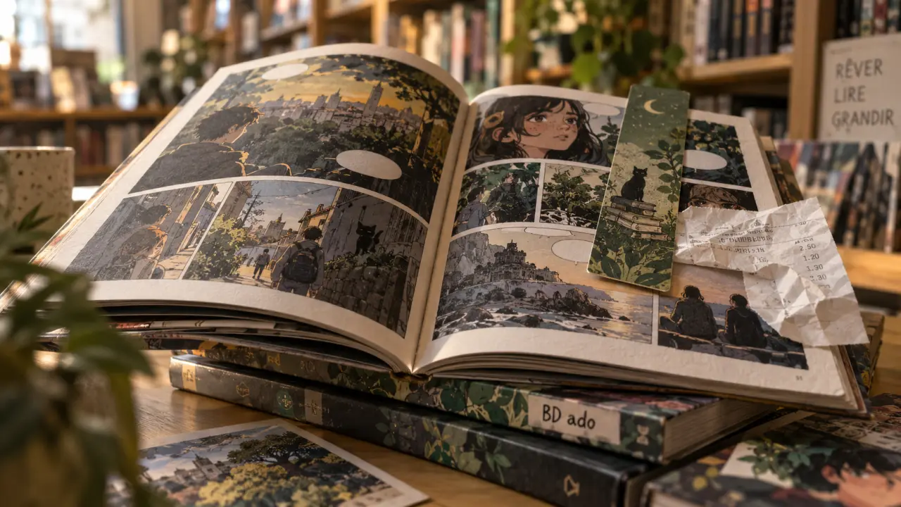 Bandes dessinées adolescents sur une table, pile de BD pour ados