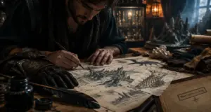 Dessinateur fantastique travaillant sur une planche fantasy en studio sombre