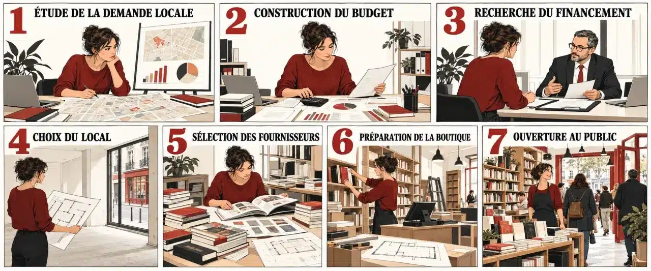Étapes clés pour ouvrir une librairie en France, de l'étude de marché à l'ouverture