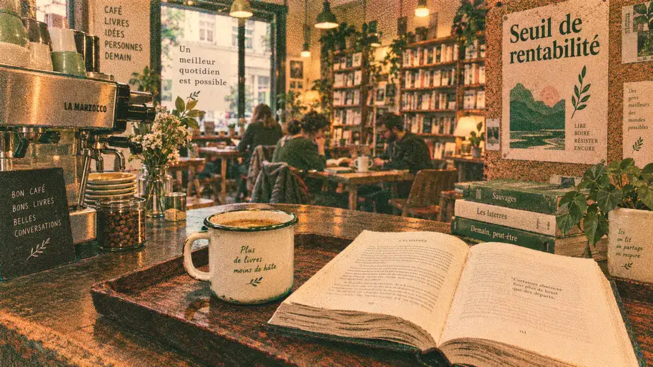 Ouvrir un café librairie : comptoir expresso et livres, tasses et roman ouvert